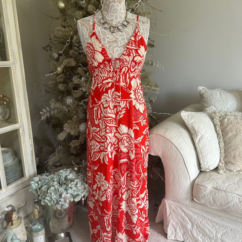 New! Bright Red Floral Slip Maxi Dress